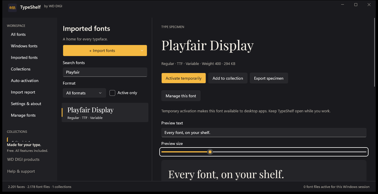 TypeShelf library with font list, search and Playfair Display specimen